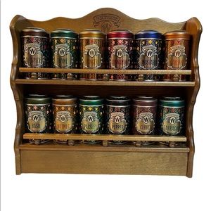 Vintage 1987 Watkins 2 Tier Wooden Spindle Spice Rack 12 Labeled Collector Tins